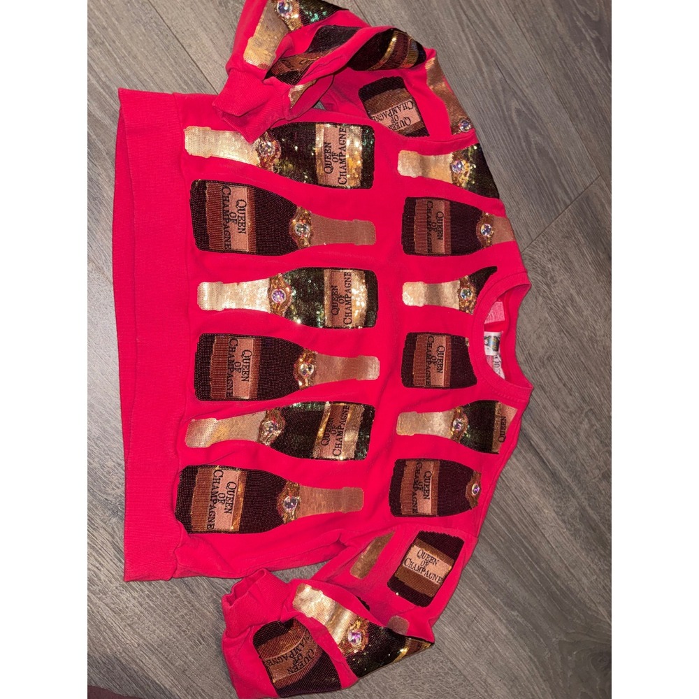 QUEEN OF SPARKLES Red and Gold Champagne Bottle Sequin Sweatshirt - Picture 2 of 6